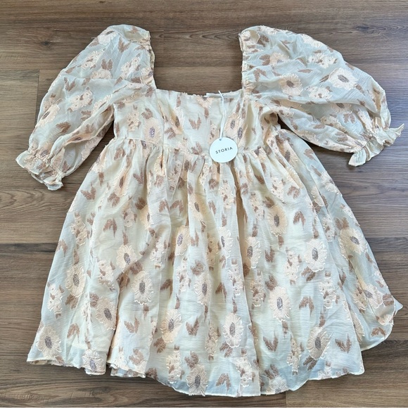 Storia Golden Floral Babydoll‎ Puff Sleeve Mini Dress Large Romantic Cottage NEW - Picture 13 of 16